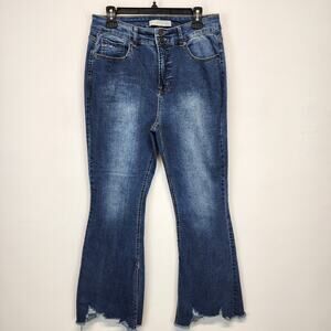 Cato Chewed Hem Flare Jeans Size 12 32" Blue Medium Wash High Waist Stretch